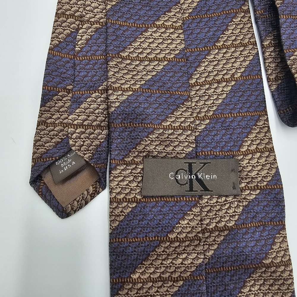 Vintage Calvin Klein 100% Silk Tie Brown Blue Textured Diagonal Stripe Made...‎